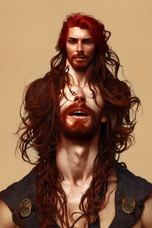 Image similar to portrait of a young ruggedly handsome but joyful pirate, male, masculine, full body, red hair, waist long hair, fantasy, intricate, elegant, highly detailed, digital painting, artstation, concept art, matte, sharp focus, illustration, art by artgerm and greg rutkowski and alphonse mucha