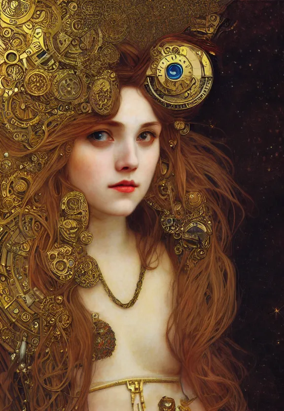 Prompt: picture portrait of a mechanical girl, ornamental, photorealistic, photorealism, cinematic atmosphere, elaborate, highly detailed, ornate, futuristic, dramatic lighting, 4 k, by waterhouse, mucha, klimt,