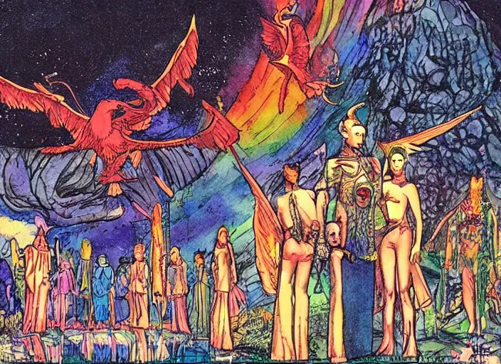 Image similar to a surreal scene from a feature film by wong kar - wai, alejandro jodorowsky and kenneth anger : : magical pagan ritual, retro sci - fi : : a storyboard drawing by moebius, ink and watercolor 8 k