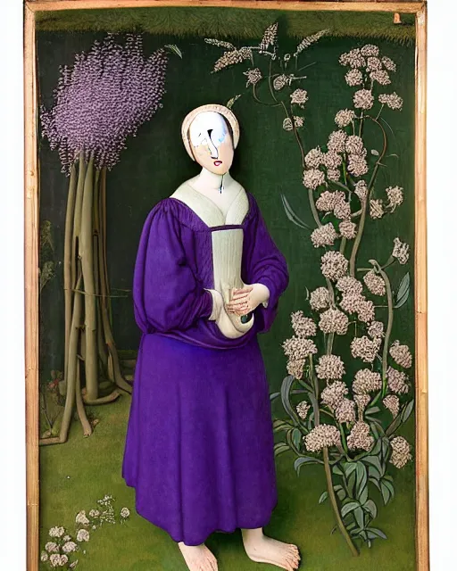 Prompt: portrait of a woman with lilac long hair wearing a baggy blue pajama, standing in a big garden full of plants and, intricate details, high detail, in the style of rogier van der weyden and jacopo da pontormo, punk, asian art,