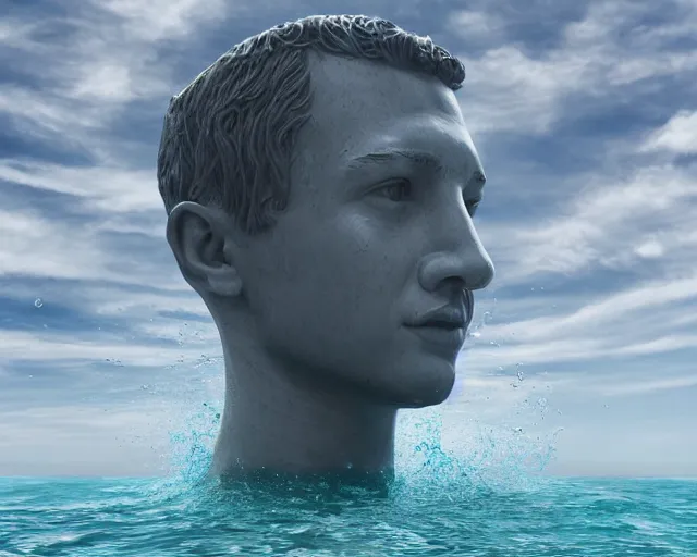 Prompt: a giant sculpture in the ocean of a human head, hyper - realistic, very detailed, realistic water, ray tracing, 8 k resolution, long - shot, sharp focus, low angle, 8 5 mm photograph, wide lens