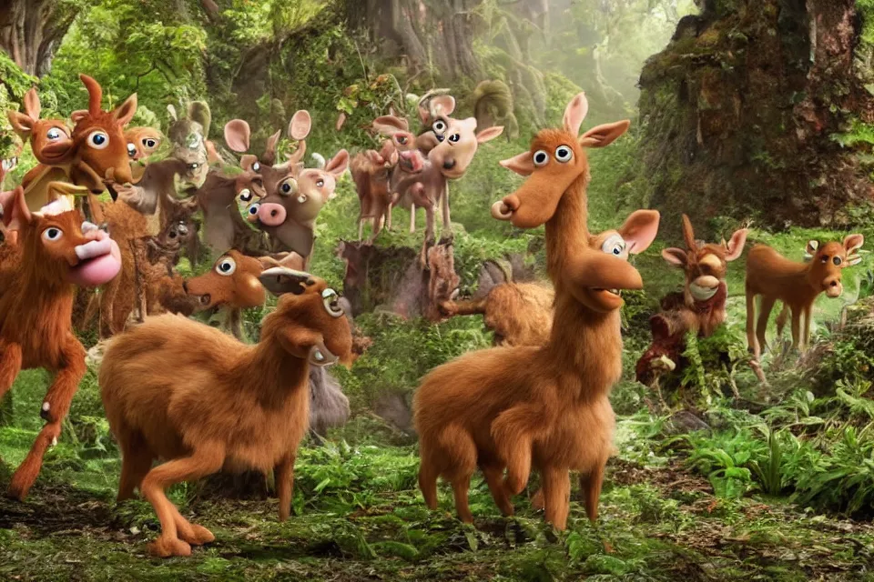 Prompt: realistic 8 k movie still, nymphs playing with fauns in wallace and gromit