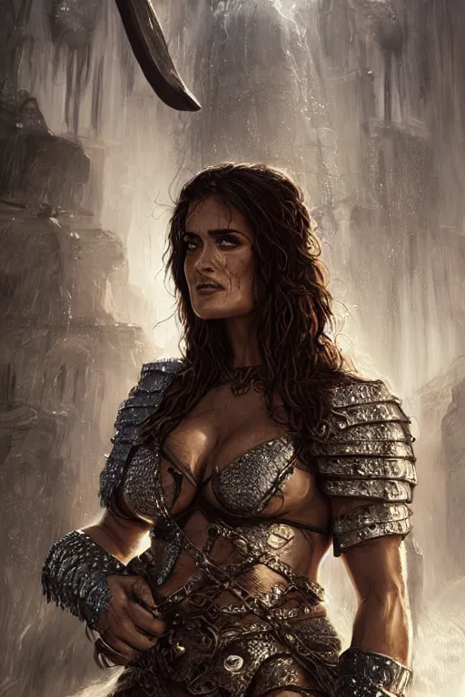 Image similar to portrait, Salma Hayek , barbarian , dressed in chain mail bikini armor, face portrait, raphael lacoste, eddie mendoza, alex ross, concept art, matte painting, highly detailed, rule of thirds, dynamic lighting, cinematic, detailed, denoised, centred