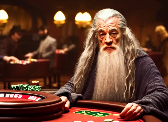 Image similar to film still of gandalf gambling in a casino in new martin scorsese movie, 8 k