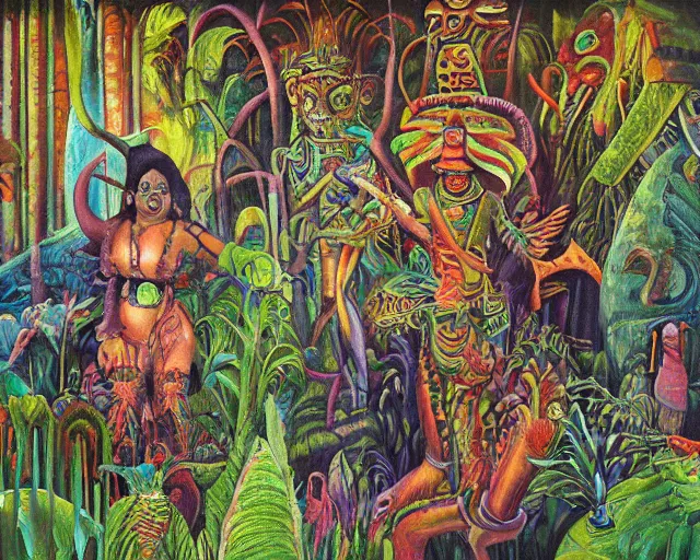 Image similar to surreal colorful nightmarish garden las pozas, mayan jaguar warrior, artwork by ralph bakshi and diego rivera