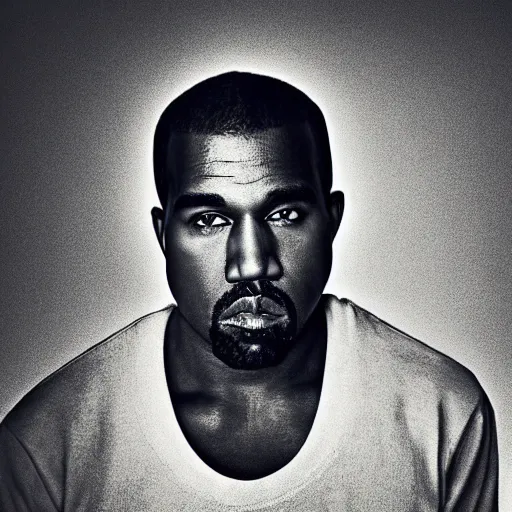 Image similar to the face of kanye west wearing yeezy clothing at 4 0 years old, portrait by julia cameron, chiaroscuro lighting, shallow depth of field, 8 0 mm, f 1. 8