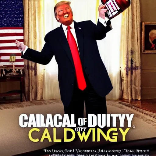 Prompt: Donald Trump using a rotary phone on the cover of a Call of Duty Game