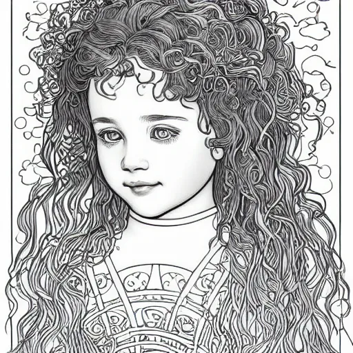 Image similar to clean simple line art of a little girl with wavy curly hair. no background. well composed, clean coloring book page, beautiful detailed face. coloring book line art by greg rutkowski and johanna basford and alphonse mucha