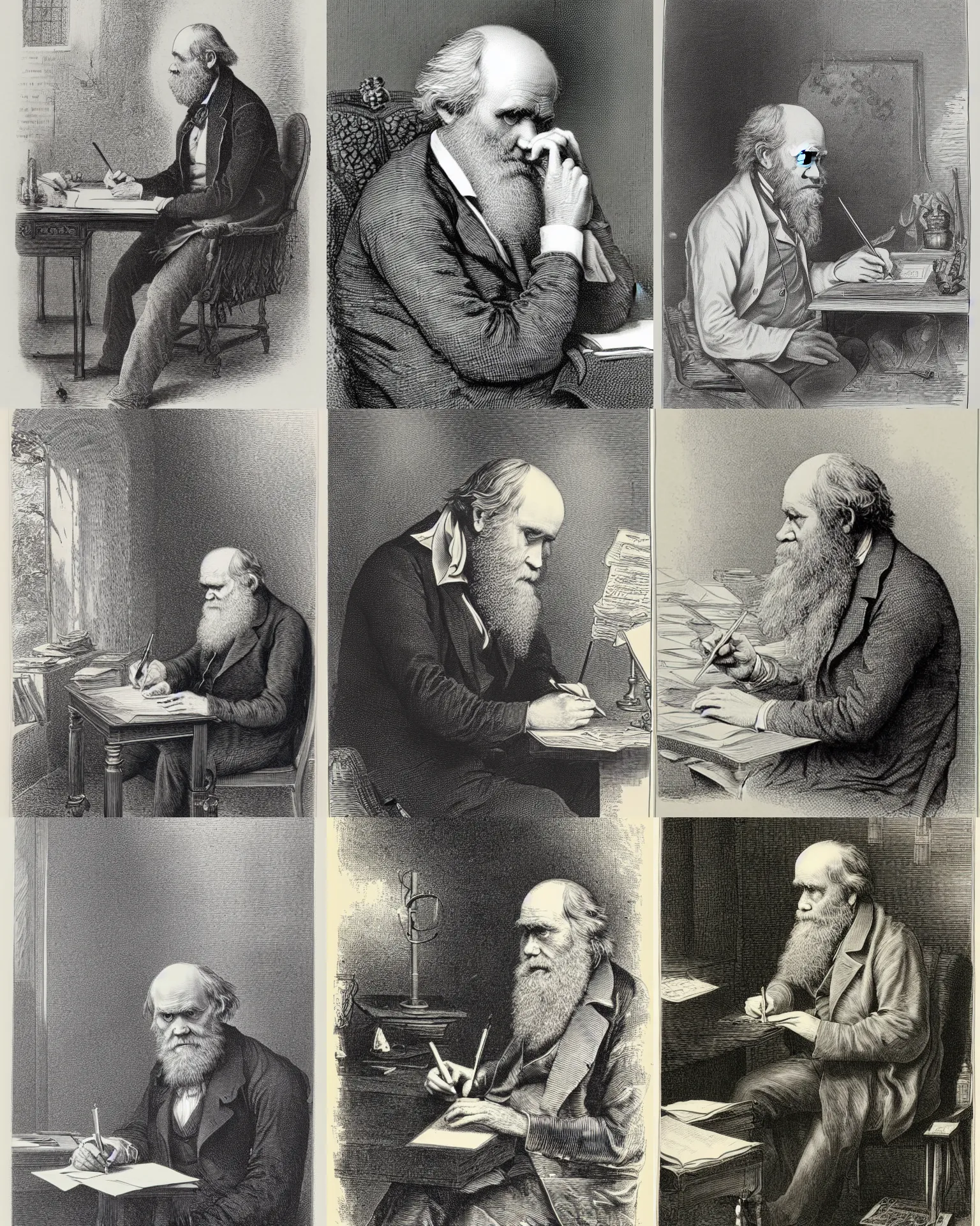 Prompt: an engraving of charles darwin writing by gustave dore, highly detailed, lithograph engraving
