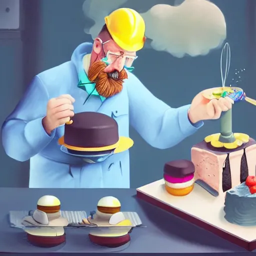 Prompt: a sad engineer making the perfect cake but failing, surreal, vivid, artstation, sharp focus