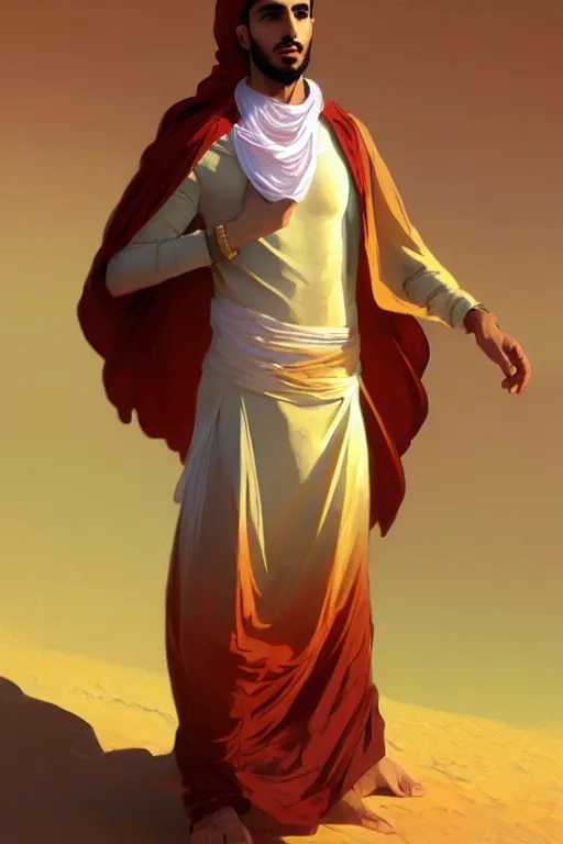 Image similar to full figure beautiful young fit arabic man, dressed with multicolored fluent clothes, luminous scene, by greg rutkowski and alphonse mucha, d & d character, gradient white to gold, in front of a dune desert background, highly detailed portrait, digital painting, artstation, concept art, smooth, sharp focus illustration, artstation hq