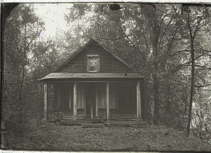 Image similar to sinister black and white old photography of a small house in the woods. daguerreotype photo