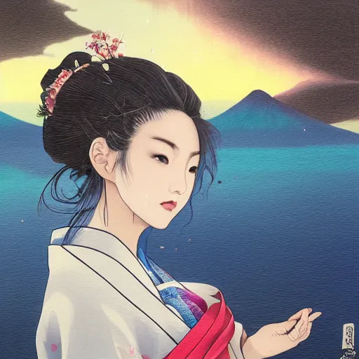 Image similar to art by katsuhiro otomo, artwork by artgerm, japanese landscape, geisha facing the mountains by yuumei, portrait, kimono, water, reflection, clouds, nature, snowy peak, lake kawaguchi, sunset, white blossoms, 4 k, fantasy art, amazing awesome and epic, ultrafine detail, ultra hd wallpaper