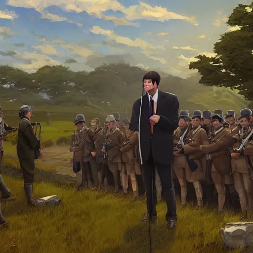 Image similar to irish rebel leader michael collins giving a speech to rebels in the irish countryside, highly detailed, digital painting, concept art, sharp focus, by makoto shinkai