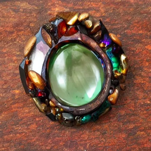 Image similar to 4 eyed crystal piece of metal, rough, deep gorgeous colors, ultra detailed