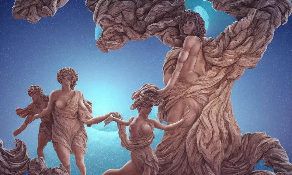 Prompt: digital painting of tiny people walking at the base of a massive greek sculpture a beautiful massive female statue surrounded by massive dreamy coral in the surface of the moon, in the style of eric chahi, in the style of 1 6 bit, in the style of sega genesis, in the style of another world