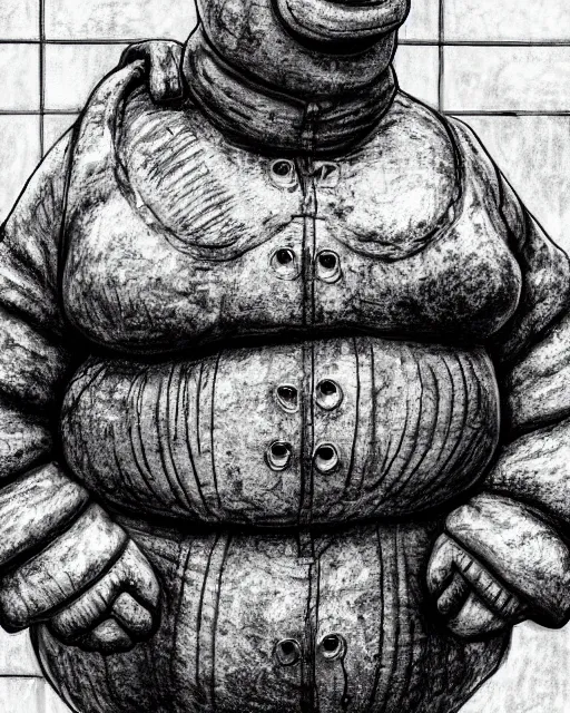 Image similar to hdr monochrome portrait of the michelin man being arrested, intricate, accurate facial details, volumetric lighting