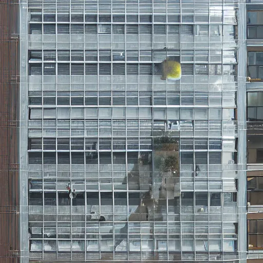 Prompt: giant inflatable bubbles emerging out of the facade of a 1960’s office building’s windows. Inside the bubbles is scaffold that holds a floor with furniture and people. The inflatable is made out of clear plastic sheeting. Ultrarealistic, vray, 8k, cinematic.