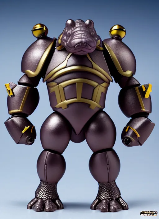 Image similar to Anthropmorphic hippo knight action figure from Micronauts, MOTU, symmetrical details, by Hasbro, Playmates Toys, Don Bluth, tfwiki.net photography, product photography, official media