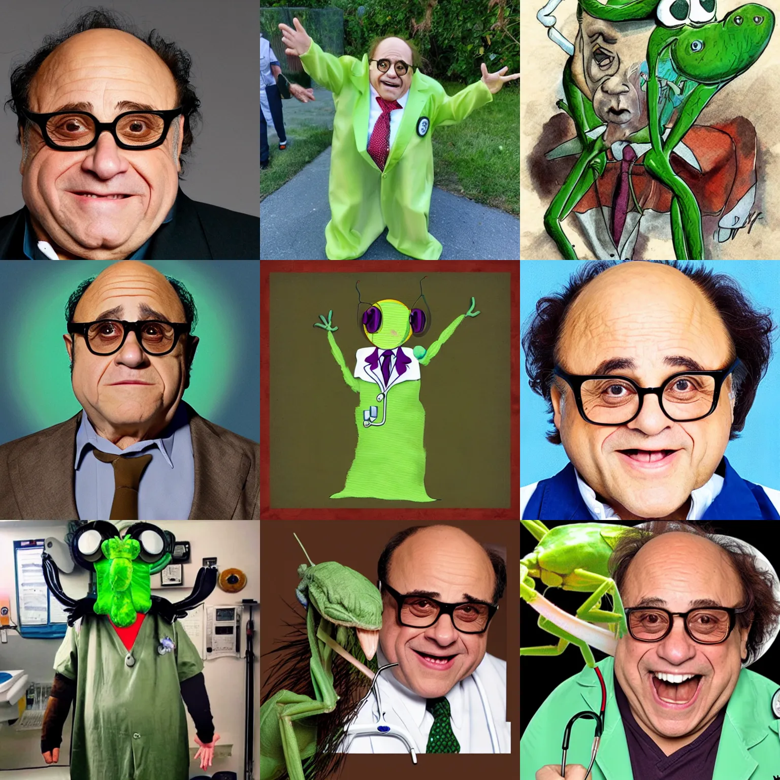 Prompt: danny devito as a mantis dressed as a doctor