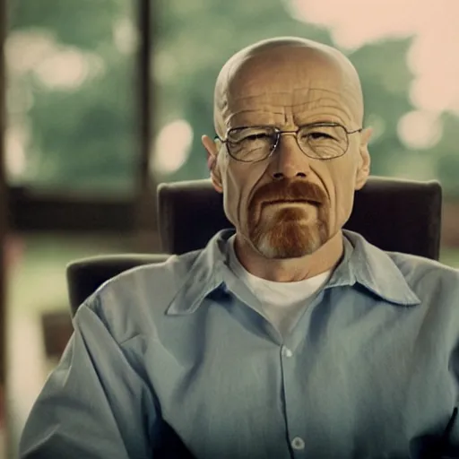 Image similar to walter white face sitting on chair photo by annie leibovitz 8 0 mm lens bokeh