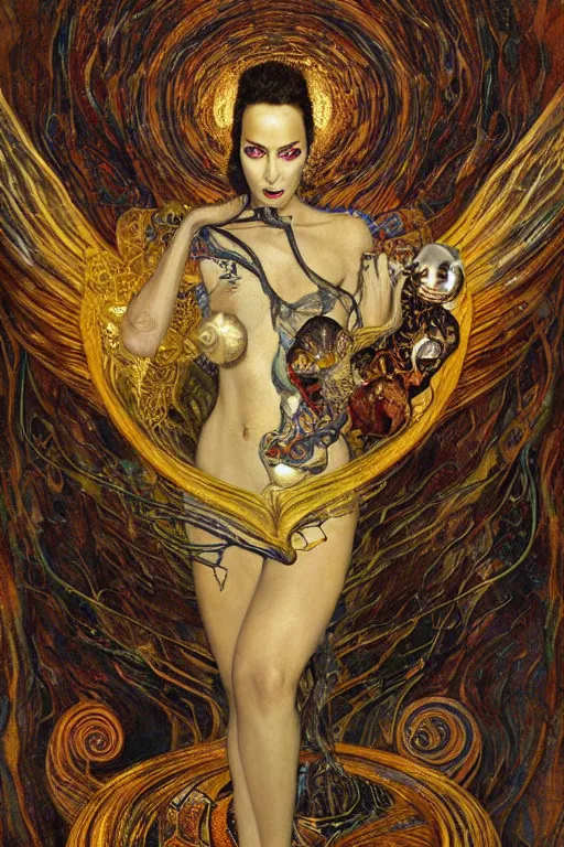 Image similar to Intermittent Chance of Chaos Muse by Karol Bak, Jean Deville, Gustav Klimt, and Vincent Van Gogh, trickster, enigma, Loki's Pet Project, Poe's Angel, Surreality, inspiration, imagination, muse, otherworldly, fractal structures, arcane, ornate gilded medieval icon, third eye, spirals