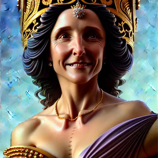 Prompt: ultra realistic illustration, a statue of a glorious goddess julia louis - dreyfus, intricate, elegant, highly detailed, digital painting, artstation, concept art, smooth, sharp focus, illustration, art by artgerm and greg rutkowski and alphonse mucha