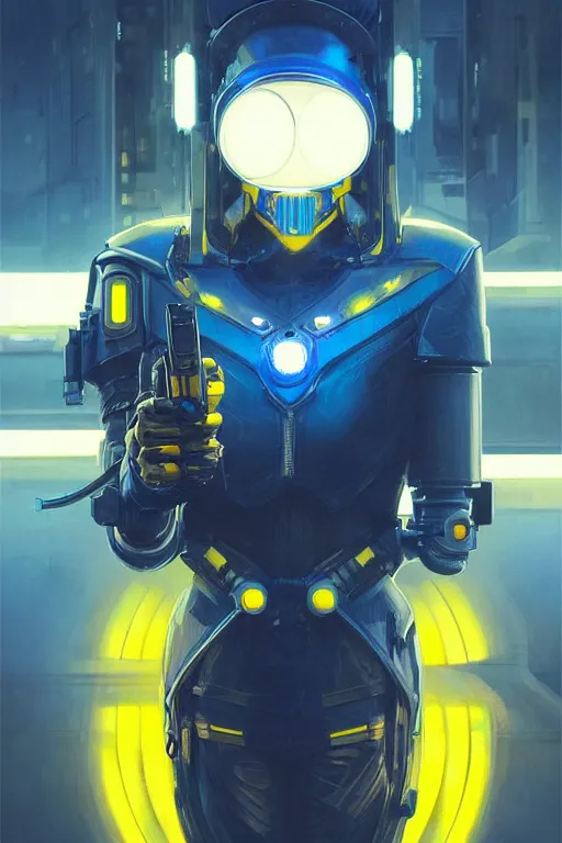 Image similar to cyberpunk knight modern technology, blue and yellow flags, realistic portrait full body, symmetrical, highly detailed, digital painting, artstation, concept art, smooth, sharp focus, illustration, cinematic lighting, art by artgerm and greg rutkowski and alphonse mucha