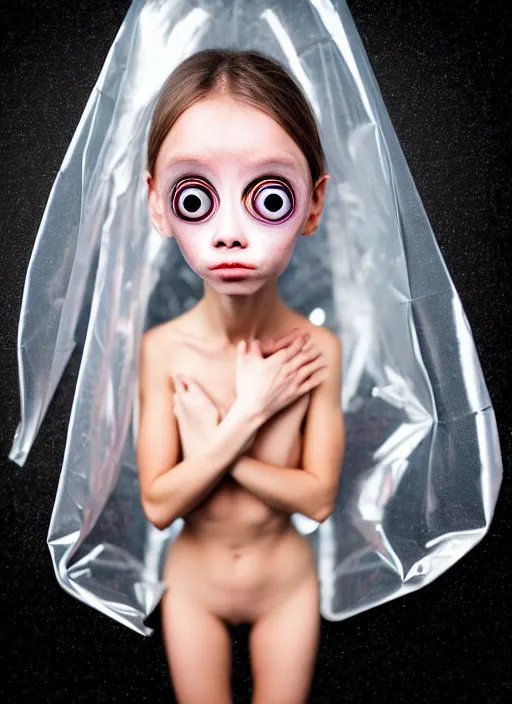 Prompt: nervous alien girl with two big cute eyes, the head is tightly wrapped in plastic wrap with a market label on it. high detail, realistic, symmetrical face, photoreal