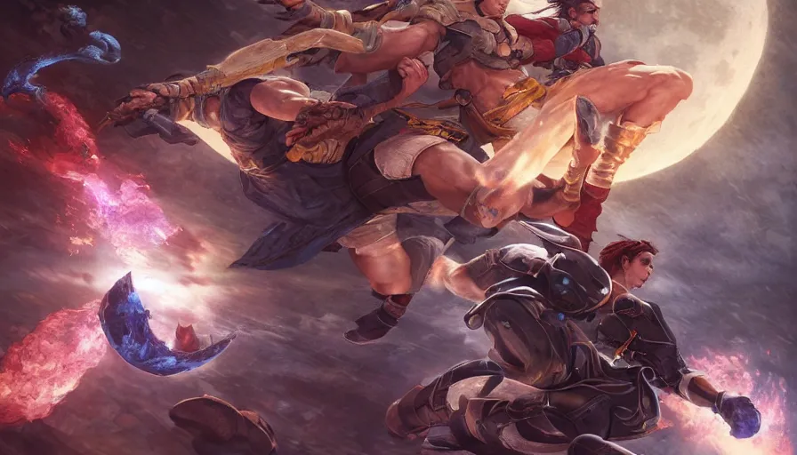 Image similar to epic masterpiece tournament, hyperrealistic, octane render, cinematic, night, moon, street fighter, by Edgar Maxence and Ross Tran and Michael Whelan, Lorenzo Sperlonga Legends of Runeterra