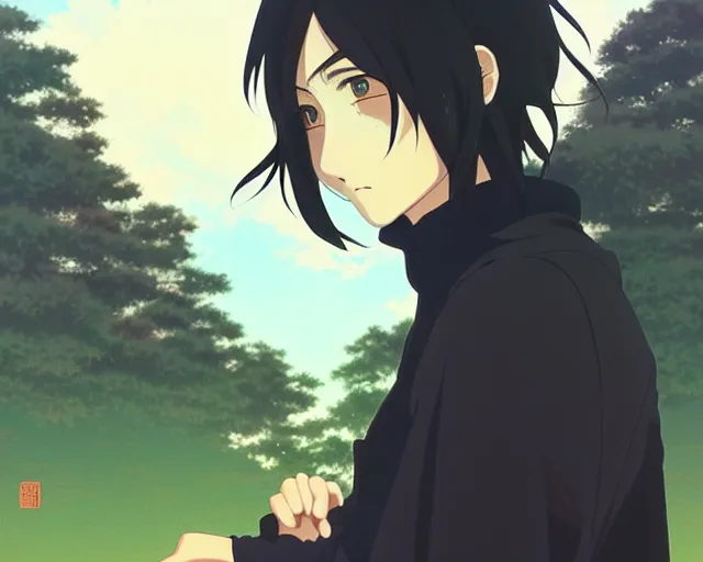 Prompt: beautiful anime guy with black hair, wearing black clothes, fine details portrait, japense village in background, bokeh. anime masterpiece by Studio Ghibli. illustration, sharp high-quality anime illustration in style of Ghibli, Ilya Kuvshinov, Artgerm