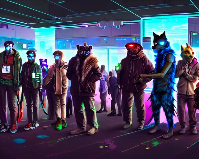 Image similar to high - resolution photograph from a cyberpunk era furry fandom convention ( midwest furfest 2 0 4 7 ), taking place after the genetic revolution and singularity. photorealistic.