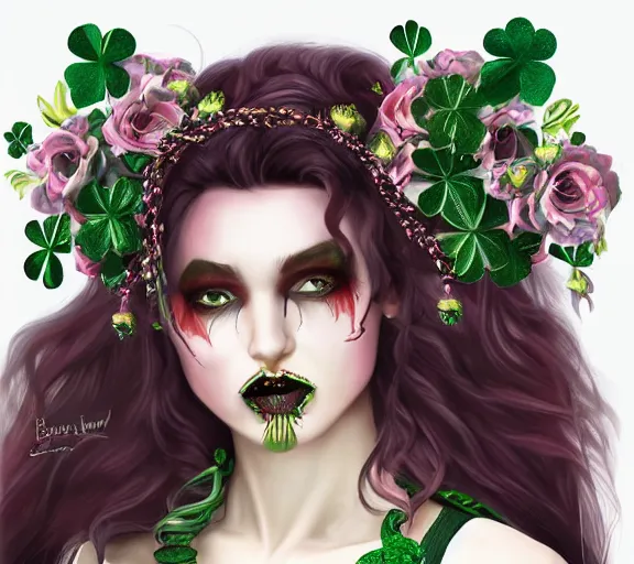 Prompt: beautiful female character inspired by st patricks day parade and floral headdress vampire bounty hunter | | digital artwork made by greg rutswork, anna dittmann and lois van barlee, symmetrical rim light, anatomically correct