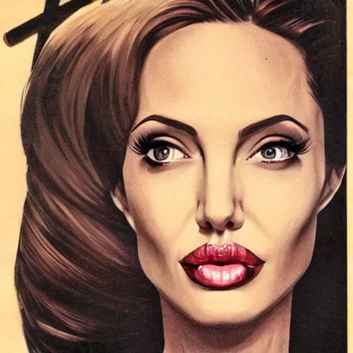 Image similar to Angelina Jolie portrait, color vintage magazine illustration 1950