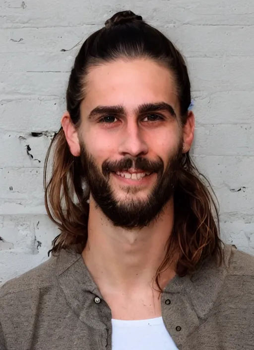 Image similar to a skinny young white male with a dark brown man bun for hair