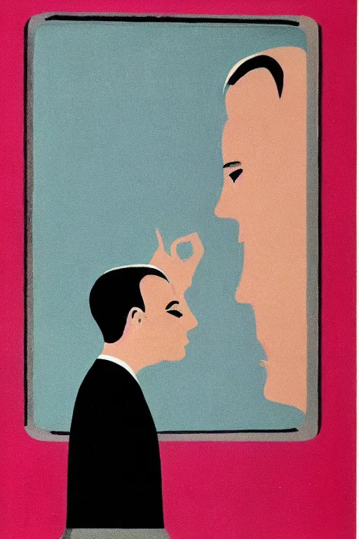 Image similar to man looking into a mirror, 1960’s minimalist advertising illustration, painterly, expressive brush strokes