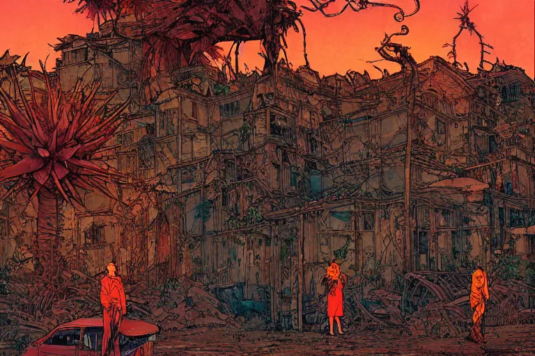 Image similar to on the street of abandoned town 2 people standing huddled together with spiny giant plants bursting through them, surreal, red sky, vivid colors, intricate design, painting by Laurie Greasley, part by Yoji Shinkawa, part by Norman Rockwell