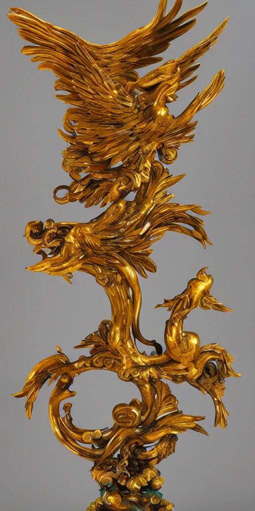 Image similar to baroque wood and gold phoenix sculpture with jade veins