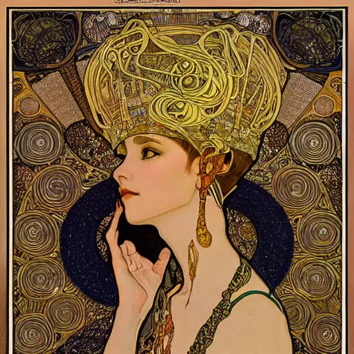 Prompt: cleopatra with coiled serpents beautiful detailed romantic art nouveau face portrait by alphonse mucha, kay nielsen, yoshitaka amano, and gustav klimt, hauntingly beautiful refined moody dreamscape