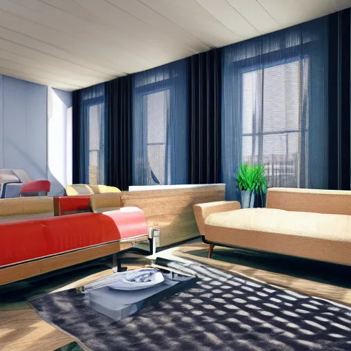 Image similar to simulated mesh render of a 70s interior with no textures, computer simulation rendered in high detail, 8K UHD