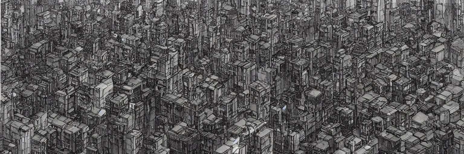 Image similar to dystopian city neighborhood slums by Katsuhiro Otomo