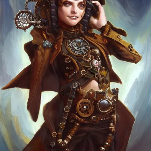 Image similar to steampunk artificer, cute, oil painting, portrait, intricate complexity, rule of thirds, in the style of Adam Paquette, Svetlin Velinov, Daarken, Artgerm, Keith Thompson, and Eric Deschamps, magic the gathering art, character concept