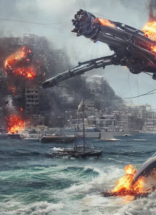 Image similar to hyper realistic squid robot attacking cape town city harbor explosions beautiful details, strong composition painted by kim jung giu weta studio rutkowski, james gurney and greg rutkowski, and lucasfilm