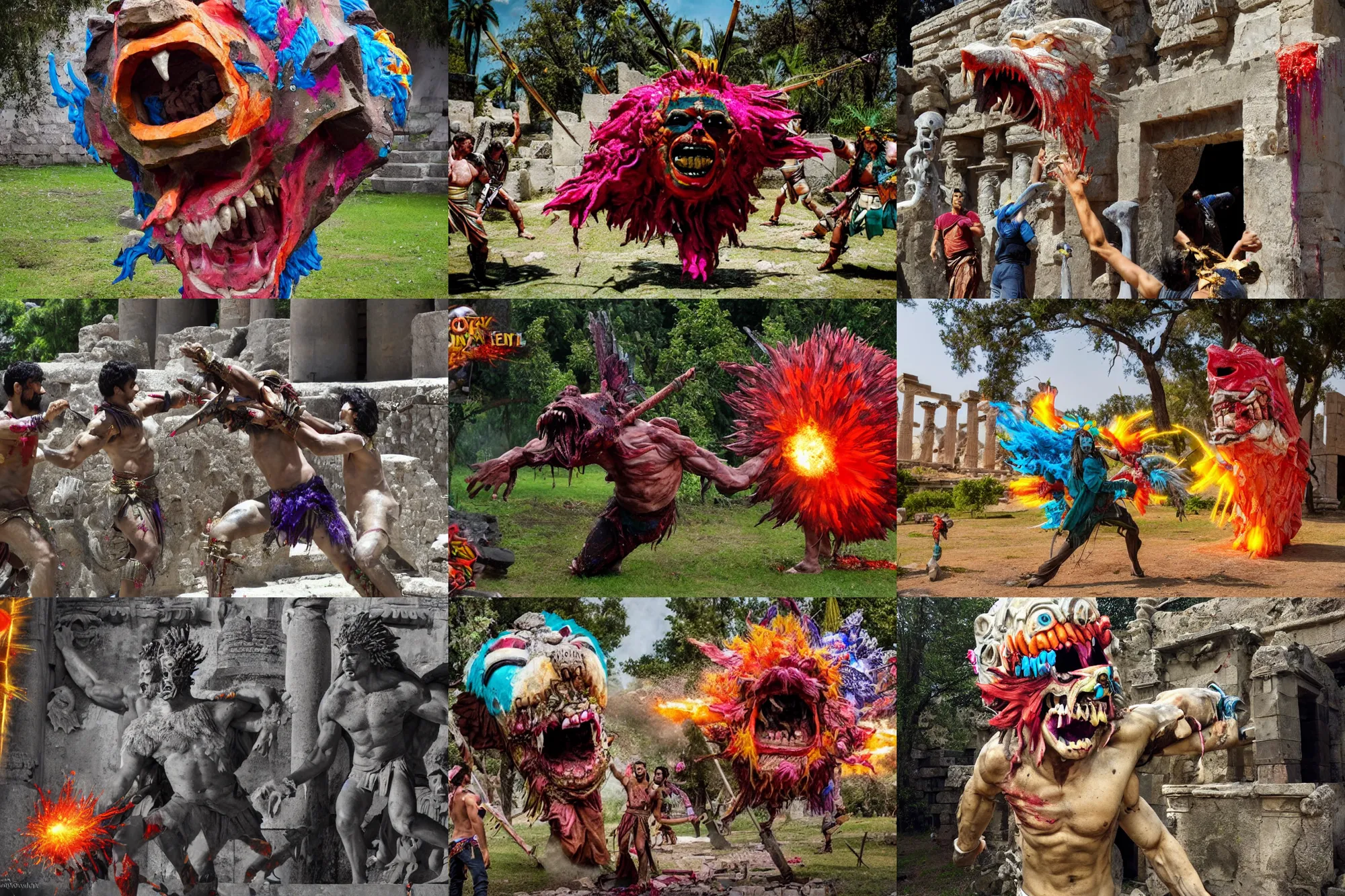 Prompt: large, brutal monster exploding into gems. loot pinata. outside of ancient greek temple. bollywood fantasy action movie still. horrible battle. many scars. death.