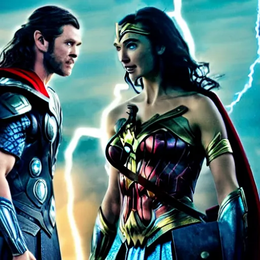 Image similar to chris hemsworth as thor, and gaul gadot as wonder woman, cinematic movie scene, epic fight, blue lightning, yellow lightning, photo