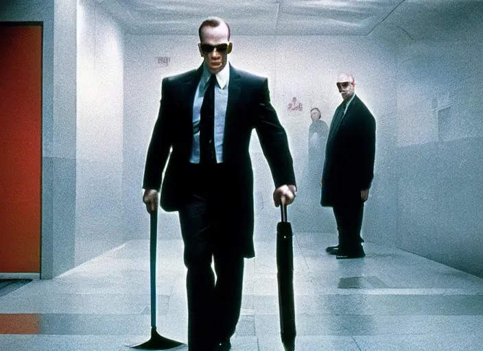 Image similar to film still of agent smith working as a janitor in the new matrix movie, 4 k