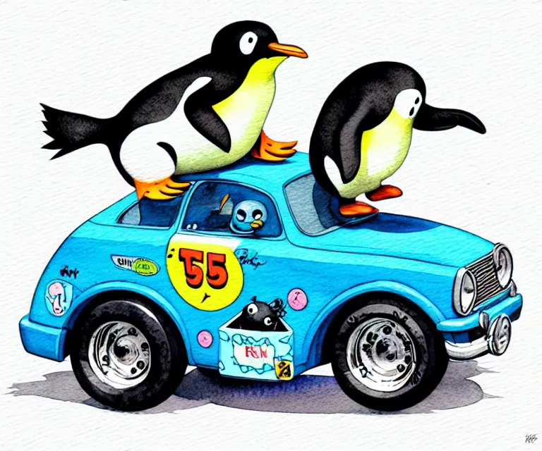 Prompt: cute and funny, penguin riding in a tiny hot rod with an oversized engine, ratfink style by ed roth, centered award winning watercolor pen illustration, isometric illustration by chihiro iwasaki, edited by range murata, tiny details by artgerm and watercolor girl, symmetrically isometrically centered, sharply focused