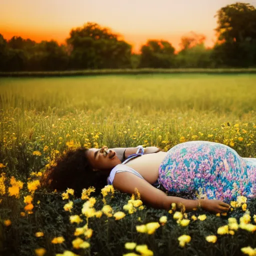 Image similar to pregnant black woman with curly hair in a vast field of flowers, laying down, a tiny black puppy running around, golden hour, vintage, impressionist painting, fine art, oil painting, dreamy, pastel, laughing, happy, intricate details, sharp, peaceful, serene