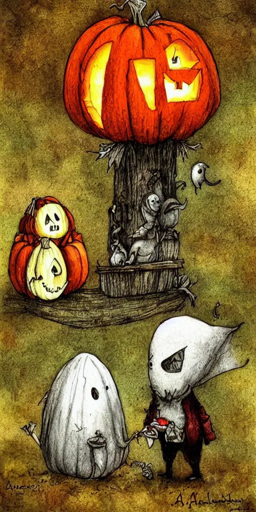 Image similar to a pumpkin and ghost scene by alexander jansson