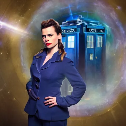 Prompt: a beautiful full body photograph of hayley atwell dressed as doctor who, time vortex in the background, symmetrical face, extreme realism and detail, 8 k, completely framed, direct lighting, 3 5 mm photo, photorealistic, sharp focus